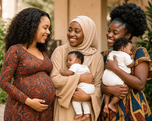 Nigerian mothers supporting one another through pregnancy and motherhood